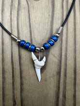 Load image into Gallery viewer, White Shark Tooth Necklace With 3 Bead Design Dark Blue