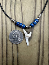 Load image into Gallery viewer, White Shark Tooth Necklace With 3 Bead Design Dark Blue