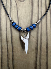 Load image into Gallery viewer, White Shark Tooth Necklace With 3 Bead Design Dark Blue