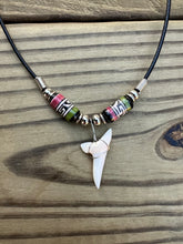 Load image into Gallery viewer, White Mako Shark Tooth Necklace With Green and Pink Peruvian Ceramic Beads