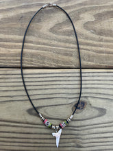 Load image into Gallery viewer, White Mako Shark Tooth Necklace With Green and Pink Peruvian Ceramic Beads