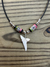 Load image into Gallery viewer, White Mako Shark Tooth Necklace With Green and Pink Peruvian Ceramic Beads
