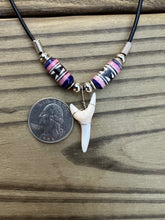 Load image into Gallery viewer, White Mako Shark Tooth Necklace With Purple and Pink Peruvian Ceramic Beads