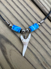 Load image into Gallery viewer, White Shark Tooth Necklace With Blue Femo Beads