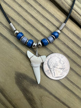 Load image into Gallery viewer, White Shark Tooth Necklace With 3 Bead Design Dark Blue and Gray