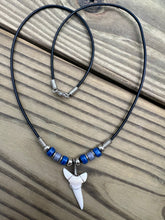 Load image into Gallery viewer, White Shark Tooth Necklace With 3 Bead Design Dark Blue and Gray