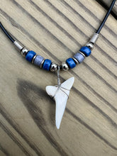Load image into Gallery viewer, White Shark Tooth Necklace With 3 Bead Design Dark Blue and Gray