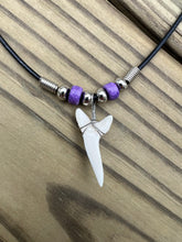 Load image into Gallery viewer, White Shark Tooth Necklace With Purple Beads