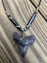 Load image into Gallery viewer, 2 1/8 inch Fossilized Angustiden Shark Tooth Necklace featuring Dark Brown and White Bone Beads