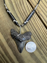 Load image into Gallery viewer, 2 1/8 inch Fossilized Angustiden Shark Tooth Necklace featuring Dark Brown and White Bone Beads