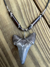 Load image into Gallery viewer, 2 1/8 inch Fossilized Angustiden Shark Tooth Necklace featuring Dark Brown and White Bone Beads