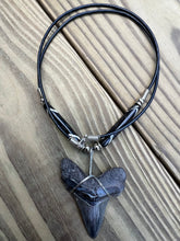 Load image into Gallery viewer, 2 1/8 inch Fossilized Angustiden Shark Tooth Necklace featuring Dark Brown and White Bone Beads