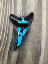 Load image into Gallery viewer, 2 13/16 Inch Turquoise Gemstone and Pyrite Inlayed Parotodus Benedeni Shark Tooth Pendant