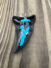 Load image into Gallery viewer, 2 13/16 Inch Turquoise Gemstone and Pyrite Inlayed Parotodus Benedeni Shark Tooth Pendant