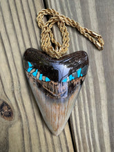 Load image into Gallery viewer, 3 13/16 Fossilized Megalodon Shark Tooth Pendant with Turquoise & Pyrite Inlay