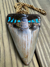 Load image into Gallery viewer, 3 13/16 Fossilized Megalodon Shark Tooth Pendant with Turquoise & Pyrite Inlay