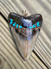 Load image into Gallery viewer, 3 13/16 Fossilized Megalodon Shark Tooth Pendant with Turquoise & Pyrite Inlay