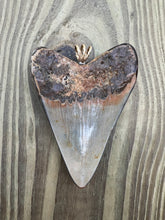 Load image into Gallery viewer, 3 13/16 Fossilized Megalodon Shark Tooth Pendant with Turquoise & Pyrite Inlay