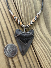 Load image into Gallery viewer, Fossilized 2-Inch Megalodon Shark Tooth Necklace With Bone Beads