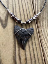Load image into Gallery viewer, Fossilized 1 7/8-Inch Megalodon Shark Tooth Necklace With Bone Beads