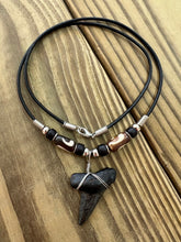 Load image into Gallery viewer, 1 7/16 Inch Fossilized Mako Shark Tooth Necklace With Brown Bone Beads