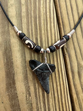 Load image into Gallery viewer, 1 7/16 Inch Fossilized Mako Shark Tooth Necklace With Brown Bone Beads