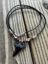 Load image into Gallery viewer, 1 1/2 Inch Fossil Mako Shark Tooth Necklace with Brown Clay and Bone Beads