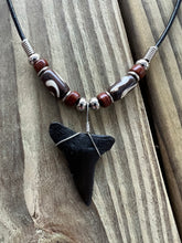 Load image into Gallery viewer, 1 1/2 Inch Fossil Mako Shark Tooth Necklace with Brown Clay and Bone Beads