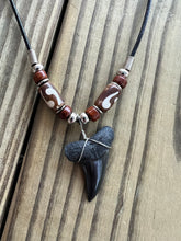 Load image into Gallery viewer, 1 7/16 Inch Fossil Mako Shark Tooth Necklace with Brown Bone and Clay Beads