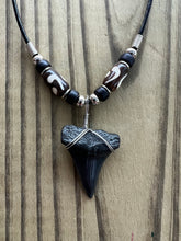 Load image into Gallery viewer, 1 3/8 Inch Fossil Mako Shark Tooth Necklace with Black and Brown Bone Beads