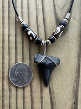 Load image into Gallery viewer, 1 3/8 Inch Fossil Mako Shark Tooth Necklace with Black and Brown Bone Beads