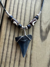 Load image into Gallery viewer, 1 3/8 Inch Fossil Mako Shark Tooth Necklace with Black and Brown Bone Beads