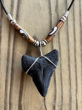 Load image into Gallery viewer, Fossilized 1 3/4 Inch Megalodon Shark Tooth Necklace with Brown Bone Beads