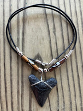 Load image into Gallery viewer, Sleek Black Megalodon Shark Tooth Necklace with Brown Bone Beads 1 11/16 Inch