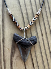 Load image into Gallery viewer, Authentic 1 3/4 Inch Megalodon Shark Tooth Necklace with Tribal Bone Beads