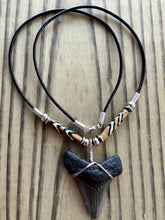 Load image into Gallery viewer, Authentic 1 3/4 Inch Megalodon Shark Tooth Necklace with Tribal Bone Beads