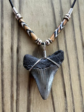 Load image into Gallery viewer, Authentic 1 3/4 Inch Megalodon Shark Tooth Necklace with Tribal Bone Beads
