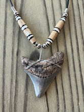 Load image into Gallery viewer, Fossilized 2 3/16 Inch Megalodon Shark Tooth Necklace with Bone Beads