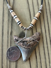 Load image into Gallery viewer, Fossilized 2 3/16 Inch Megalodon Shark Tooth Necklace with Bone Beads
