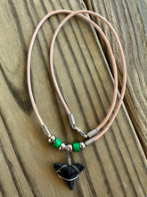 Load image into Gallery viewer, Authentic Fossilized Shark Tooth Necklace with Green Beads and Brown Leather