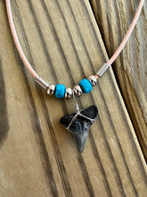 Load image into Gallery viewer, Authentic Fossilized Shark Tooth Necklace with Turquoise Beads and Brown Leather
