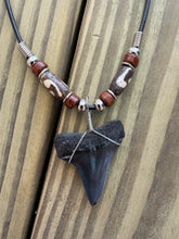 Load image into Gallery viewer, 1 3/8 Inch Fossil Mako Shark Tooth Necklace with Bone and Brown Beads
