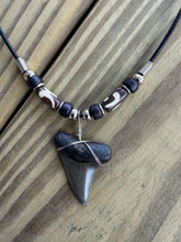 Load image into Gallery viewer, Mako Shark Tooth Necklace Bone Beads - 1 3/8" Fossil Mako Shark Tooth Pendant