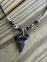 Load image into Gallery viewer, Mako Shark Tooth Necklace Bone Beads - 1 3/8" Fossil Mako Shark Tooth Pendant