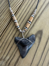 Load image into Gallery viewer, 1 13/16 Inch Megalodon Shark Tooth Necklace | Deep Black Fossil | Bone Beads