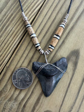 Load image into Gallery viewer, 1 13/16 Inch Megalodon Shark Tooth Necklace | Deep Black Fossil | Bone Beads