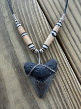Load image into Gallery viewer, 1 11/16 Inch Megalodon Shark Tooth Necklace | Black Root Gray Blade | Bone Beads