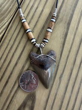 Load image into Gallery viewer, 1 13/16 Inch Megalodon Shark Tooth Necklace | Earthy Brown and Gray | Bone Beads