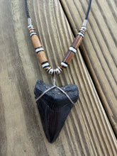 Load image into Gallery viewer, 1 3/4 Inch Megalodon Shark Tooth Necklace | Black Charcoal Fossil | Bone Beads