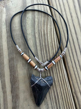 Load image into Gallery viewer, 1 3/4 Inch Megalodon Shark Tooth Necklace | Black Charcoal Fossil | Bone Beads